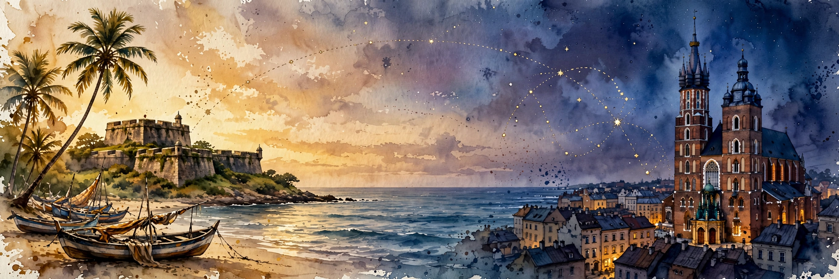 Watercolor panorama: a Goan beach with a sea fort giving way to St. Mary's Basilica in Kraków